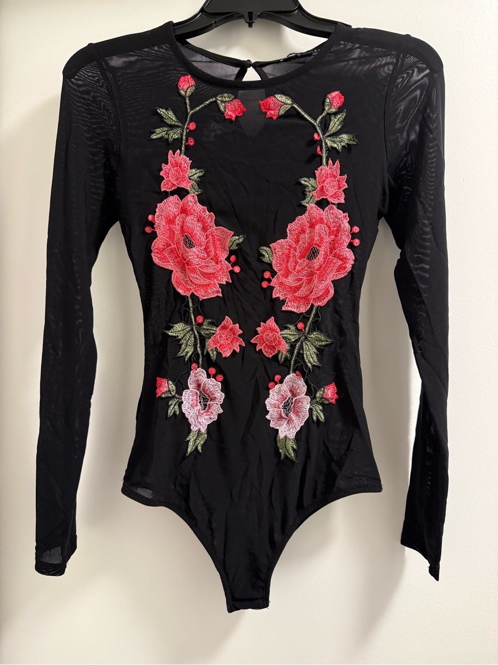 Haute Monde Black Long-Sleeve Floral Embroidered Bodysuit